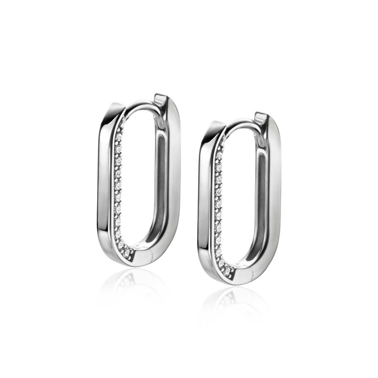 ZINZI Zilverkleurige luxe oorringen ovale vorm 20 mm zijkant witte zirkonia ZIO2319