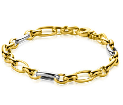 ZINZI bicolor schakelarmband (7mm breed) met afwisselend gold plated jasseron schakels en grote zilveren ovale schakels 19cm ZIA2639